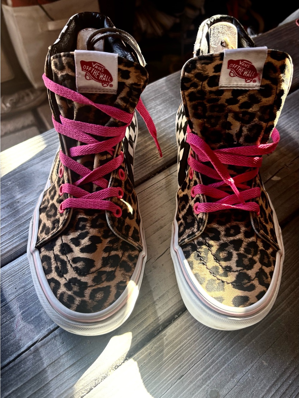 Vans leopard print checkered high top sneakers in US women’s 8.5